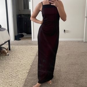 Vintage Y2K Semi-Sheer Black and Red‎ Floral Hem Spaghetti Strap Maxi Dress